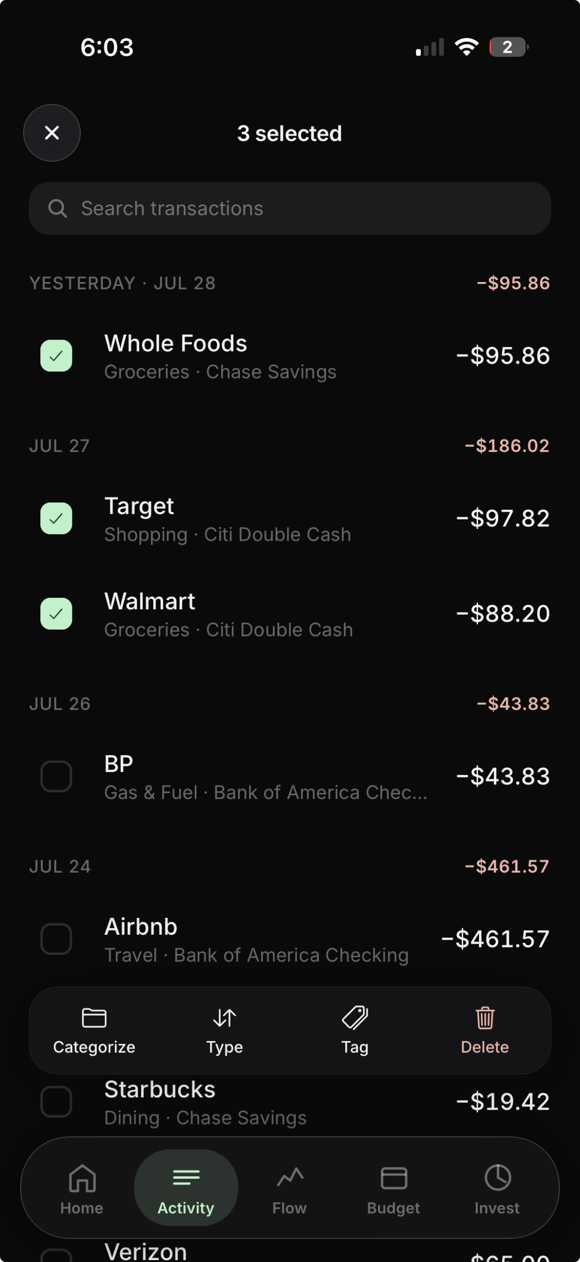 NetTrack's Activity tab in selection mode with three transactions checked and a Categorize / Type / Tag / Delete action bar